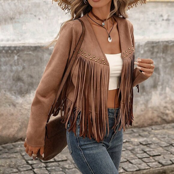 Khaki Casual Women's Bohemia Fringe Trim Cardigan - Picture 7 of 8